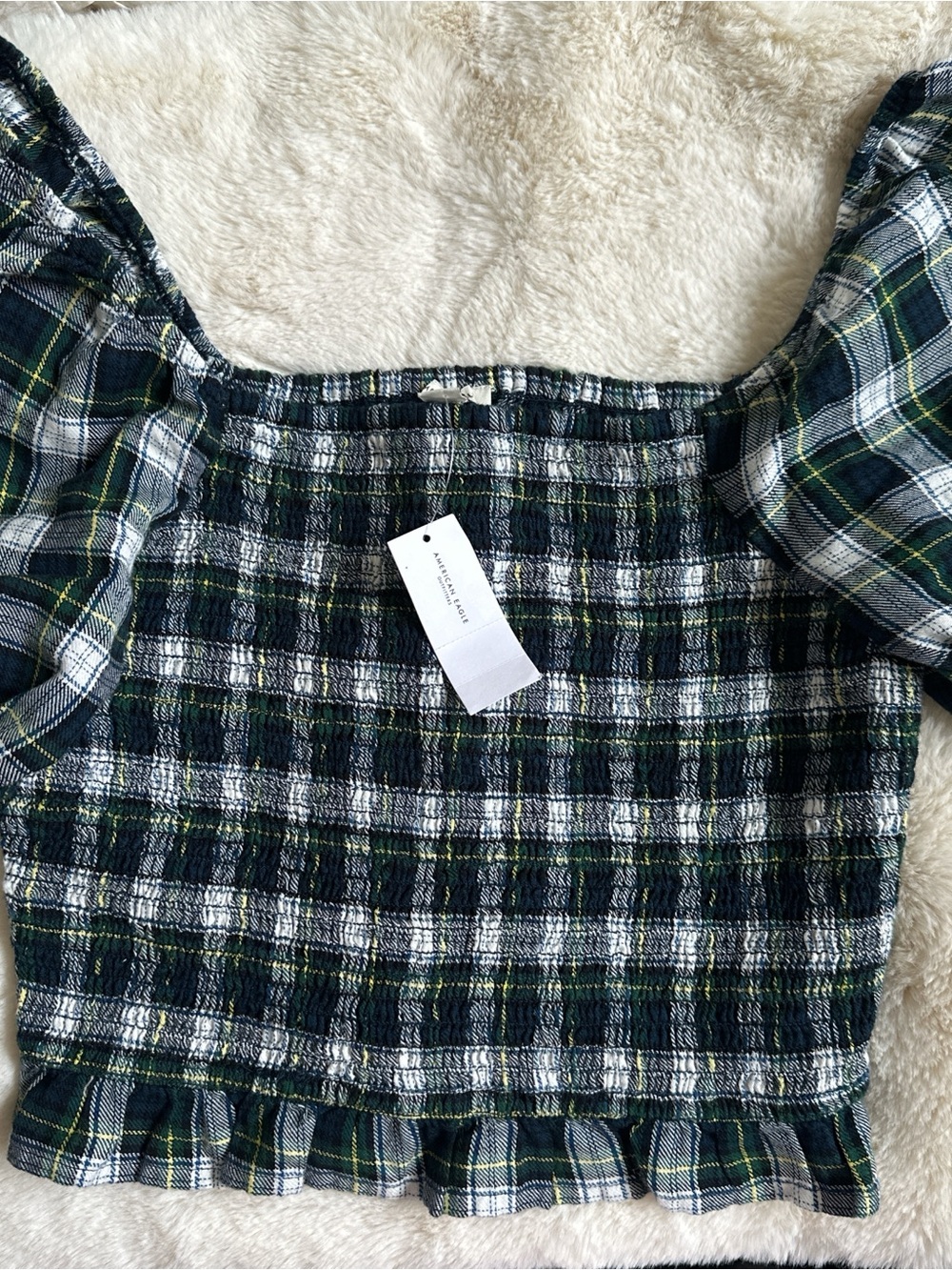 American Eagle Outfitters Green Plaid Smocked Crop Top